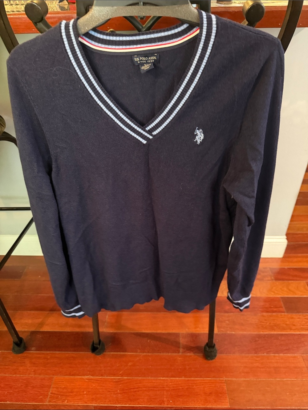 U.S. Polo Assn. Navy V-Neck Sweater with Light Blue Trim